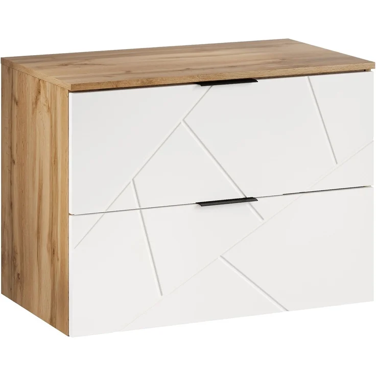 Badplaats Waschbeckenunterschrank Manello 80 x 46 x 58 cm – Eiche mit Matt Weiß – Hängender Waschtischunterschrank mit 2 Schubladen – Bild 1