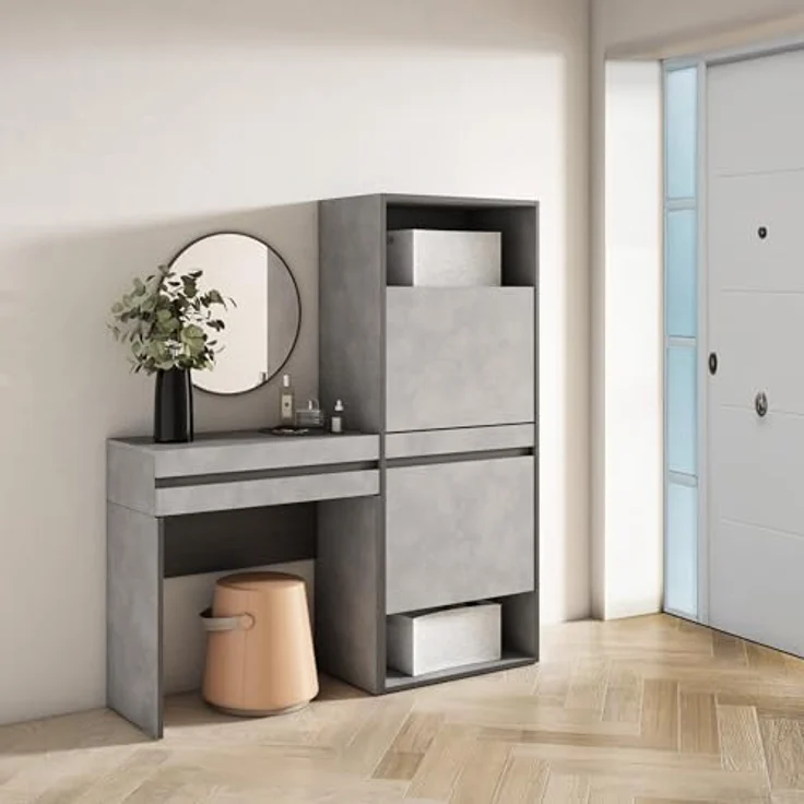 Skraut Home | Konsolentisch, Flurtisch | Beistelltisch für Eingang | 130x145x35 cm | mit Schublade | Schuhschrank | Moderner Stil | Zement – Bild 3