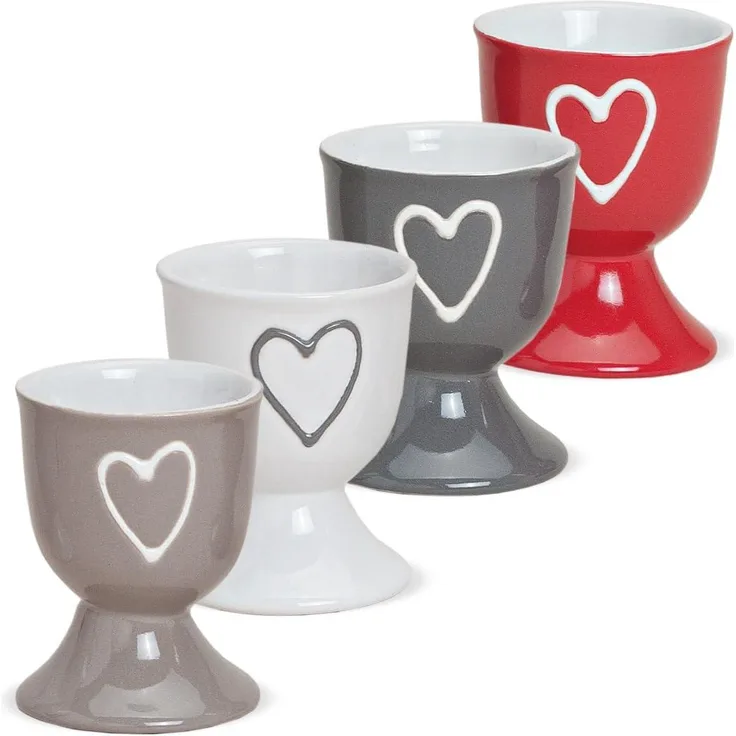 matches21 HOME & HOBBY Eierbecher, (4-tlg), Steingut Frühstück Eier-Becher Esstisch Vesper, grau weiss rot