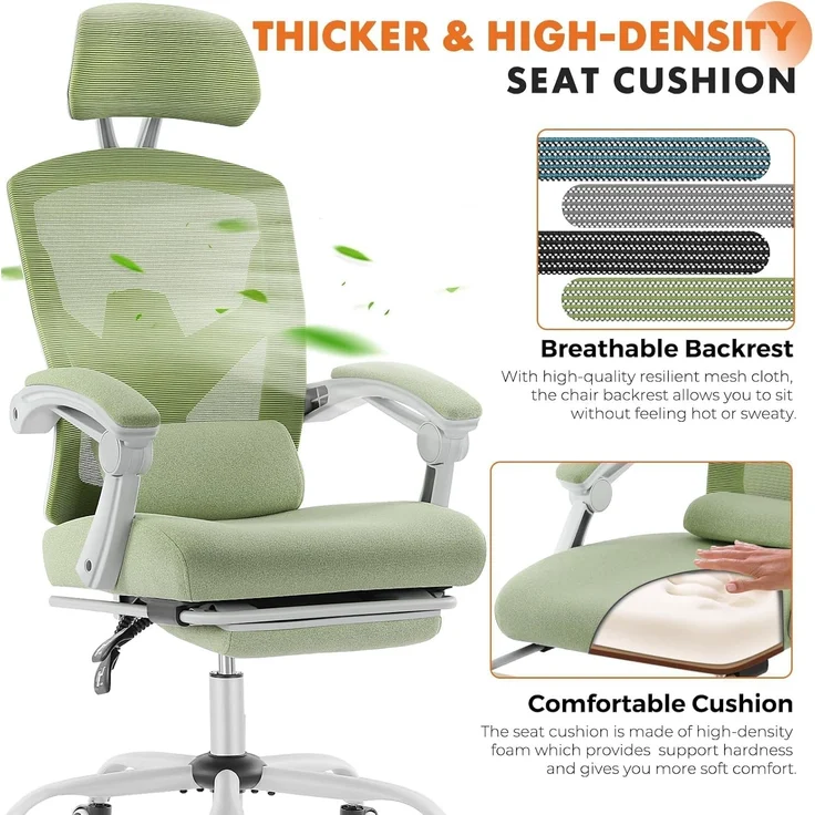 Sweetcrispy Büro-Computer-Schreibtisch Stuhl, Gaming-Stühle für Erwachsene, High-Back Mesh Rolling Swivel Reclining Stühle mit Rädern, Bequeme Lendenwirbelstütze, Bequeme Arme Grün – Bild 4
