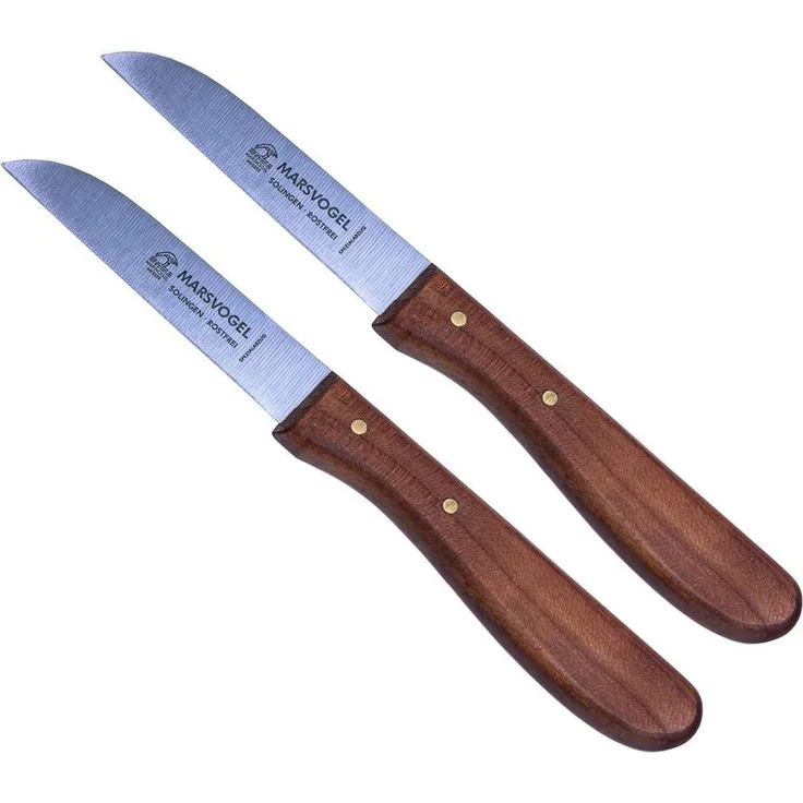 2 x Küchenmesser, rostfrei, sehr scharf, Klinge 3" = 7,2 cm, gerade, Kirschbaum-Holzgriff, Marsvogel Solingen