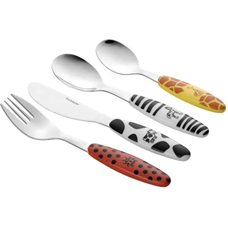 Esmeyer 199-351 4-TLG. Kinderbesteck Safari aus Edelstahl 18-0 poliert, im Geschenkkarton, Bunte Kunststoffgriffe mit Tiermotiven Bedruckt,