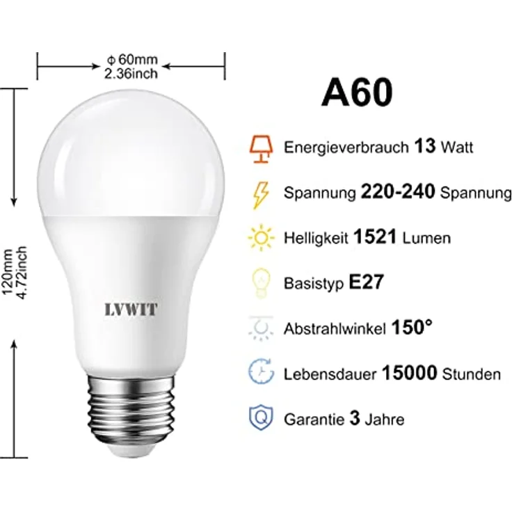 LVWIT E27 LED Birne, 100W Kaltweiß 6500K, ultrahell 1521 lm, Matt, Classic LED Lampe (6er Pack) – Bild 4