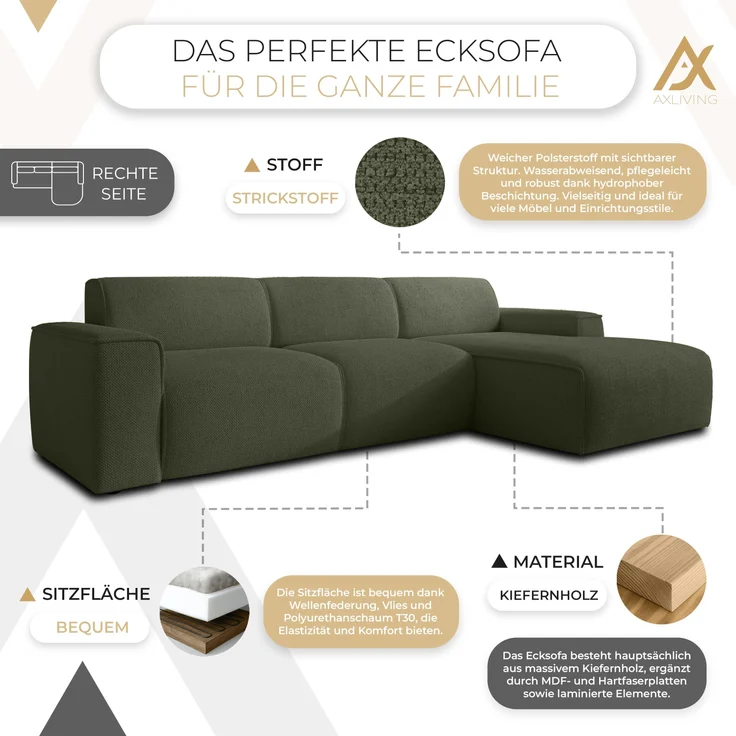 AX LIVING Couch Sofa L Form Didim mini Grün 310 cm breit, stilvoll R – Bild 5