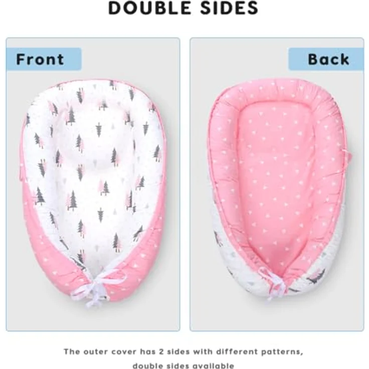 SONARIN Tragbares Babynest Neugeborene,Weiches Atmungsaktives Baby Nestchen Kuschelnest,Reisebett Kokon für Baby Säuglinge,mit Reversible 100% Baumwolle Bezug,88 x 53 cm(Grau-Blatt) – Bild 4