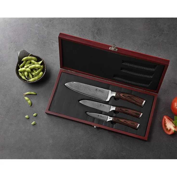 Wakoli Messer-Set Edib 3er Damastmesser-Set I Kochmesser Küchenmesser I 8 -17cm Klingen (Küchenmesser Set in Holzbox, 3-tlg, 1x Santoku, 1x Santoku klein, 1x Spickmesser), VG10 Kern, langanhaltende Schärfe – Bild 2