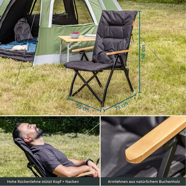 Skandika Campingstuhl Nojata, faltbar, 3-Fach verstellbare Rückenlehne, Tragetasche (Max. Benutzergewicht 120 kg, Material Armlehnen: Buchenholz), Sitzhöhe 43 cm, 5,2 kg leicht, Sitzfläche 50 x 50 cm, Anti-Rutsch-Füße – Bild 4