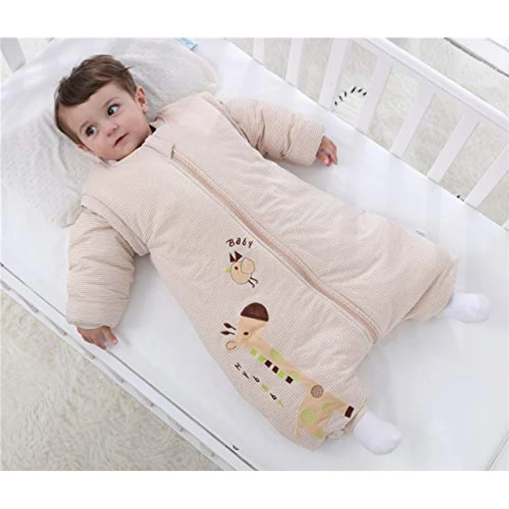 Chilsuessy Baby Winter Schlafsack mit Füßen und abnehmbar Langarm Pyjamas aus Bio Baumwolle kleine Kinder Schlafsack für Baby 1 bis 6 Jahre, Giraffe/2.5 Tog, S/Koerpergroesse 80-90cm – Bild 3