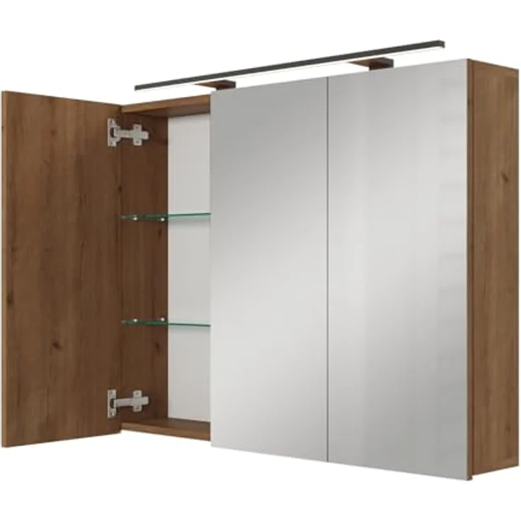 Planetmöbel ARIA Spiegelschrank Bad mit Beleuchtung 100 cm breit | Badschrank hängend mit Spiegel | Gold Eiche, mit Leuchte und Steckdose, Spiegelschrank Gäste WC 100 x 70 x 16 cm – Bild 2