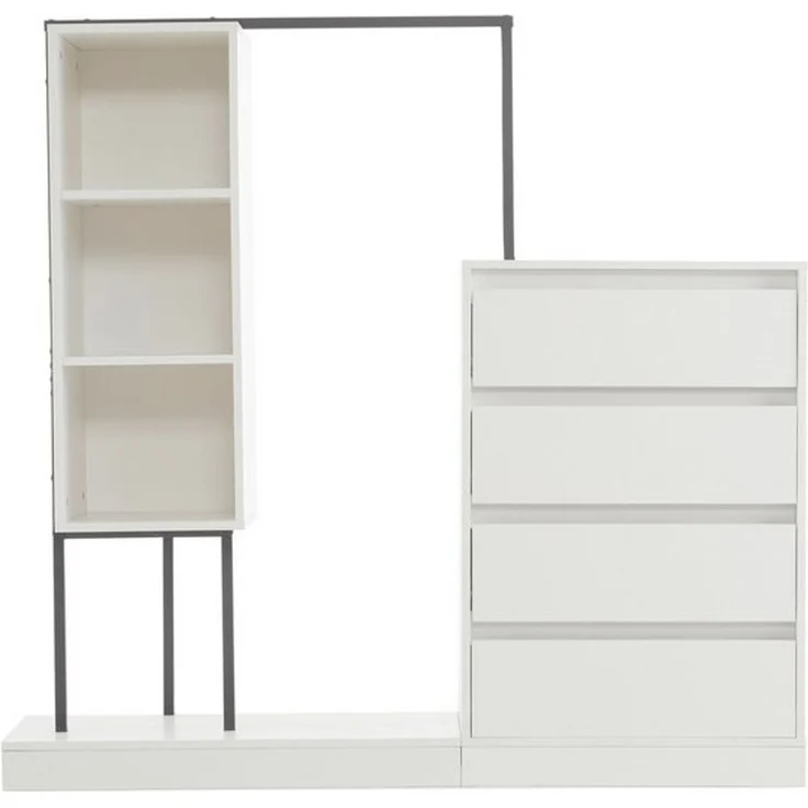 Flieks Garderoben-Set Kleiderschrank mit 3 offener Fächern, Kommode mit 4 Schubladen, (1-St, B140/W40/H135 cm), Schubladenschrank Kleiderstange-Set mit Stauraum Flurmöbel Weiß – Bild 4