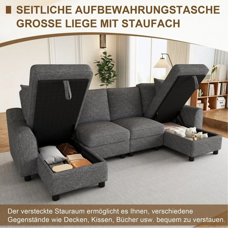 Celya Ecksofa Schlafsofa U-Form mit zwei Chaiselongues, mit zwei Kissen, mit aufklappbarem Stauraum, multifunktionales modulares Sofa – Bild 3