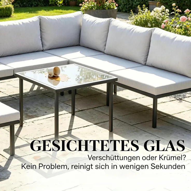 Gartenlounge-Set 6-teilig, modulare Terrassen-Sitzgruppe mit Sofa, 3 Sesseln, Fußhocker, Glastisch und Kissen, Schwarz / Hellgrau – Bild 8