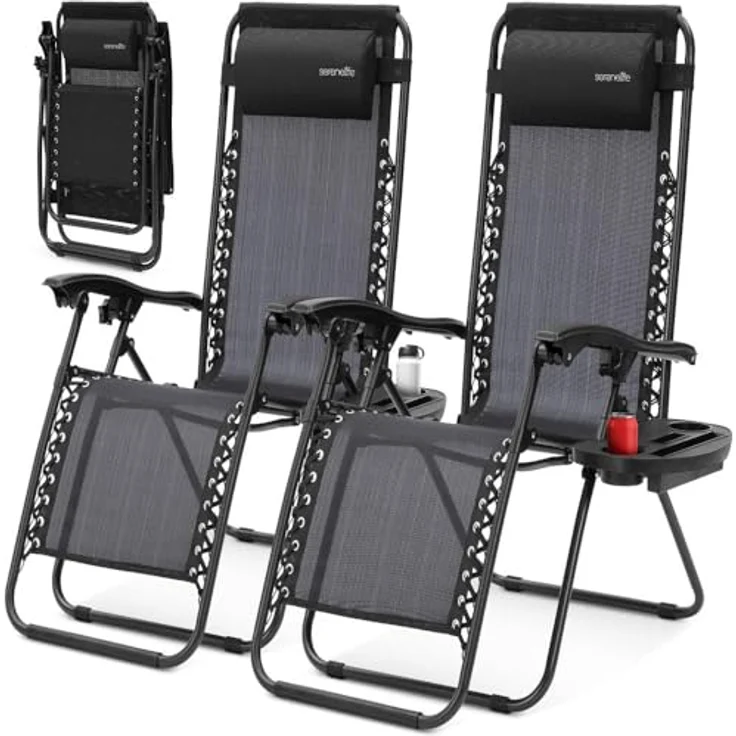 SereneLife Liegestuhl, Gartenliege Klappbar, Strandliege Verstellbar mit Seitentisch, Kopfkissen & Getränkehalter, Sonnenstuhl für Balkon, Garten, Terrasse & Camping, Deckchair 2 Personen Schwarz – Bild 2