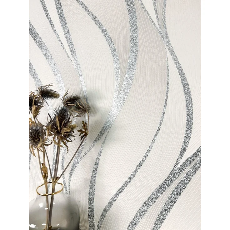 Newroom Vliestapete, Weiß Tapete Streifen Wellen - Wellenmuster Metallic Grau Silber Modern 3D Optik Linien Struktur für Wohnzimmer Schlafzimmer Küche – Bild 1