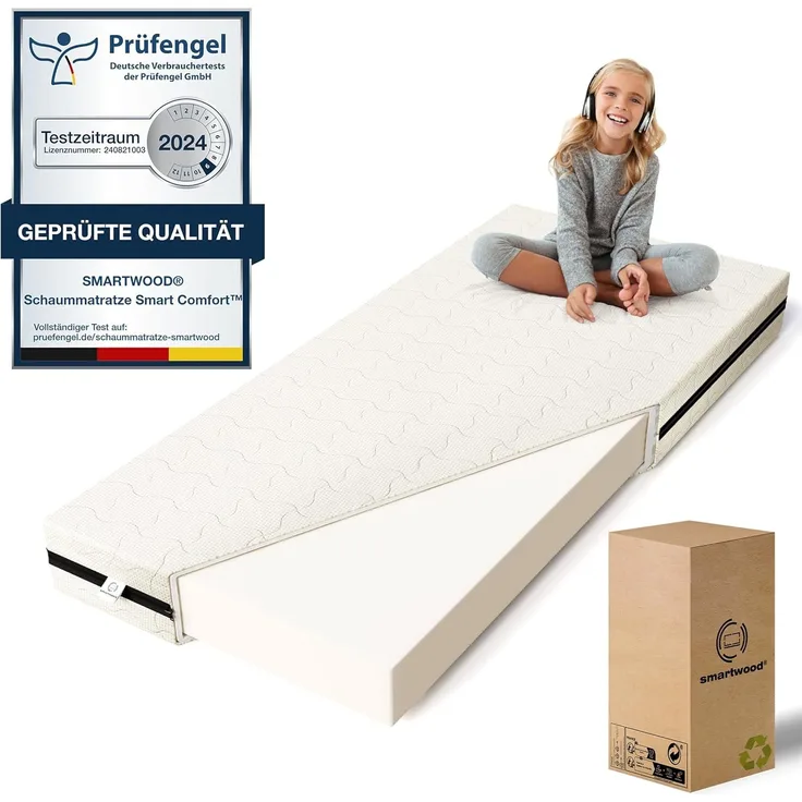 smartwood Kindermatratze 80x190 12cm Matratze für Kinder - H2 Schaumstoffmatratze Oeko-TEX-Zertifiziert - Wendbar - mit Waschbarem Antiallergischem Bezug – SmartComfort | Made in EU