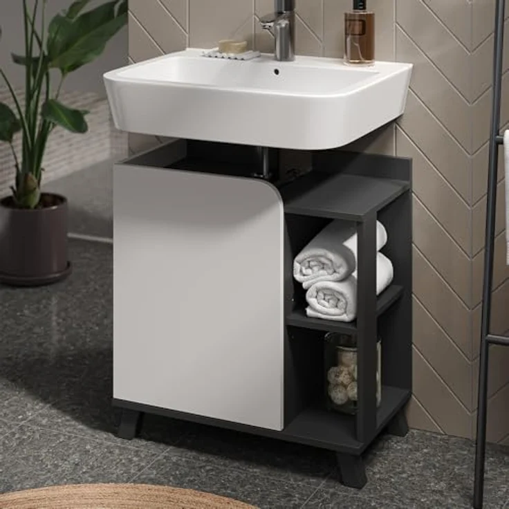 Vicco Waschbeckenunterschrank Karen, anthrazit/weiß, 60 x 65 cm mit Tür und offenen Fächern, pflegeleichte Oberfläche – Bild 4