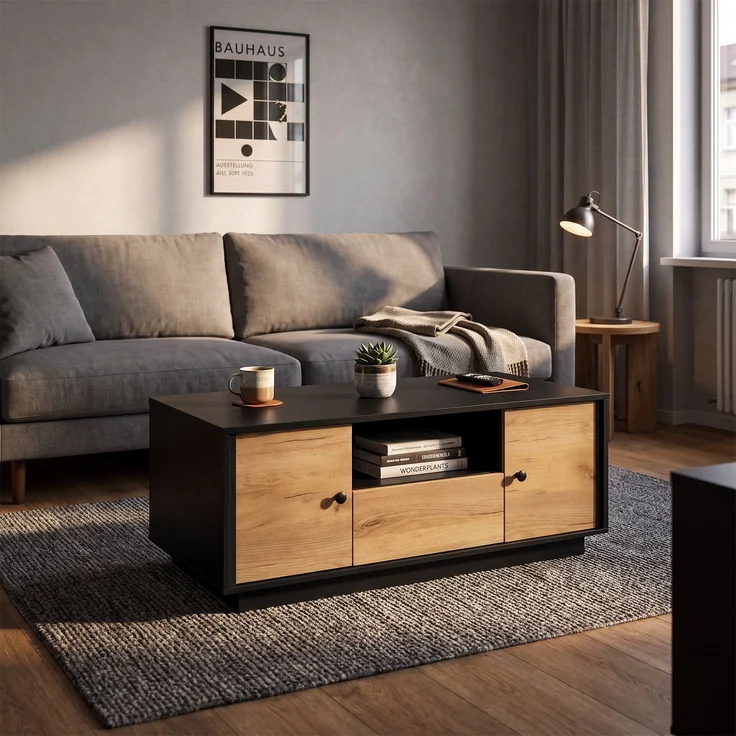 Couchtisch 100 x 50 x 45 cm, mit Schubladen, mit Ablagefächern, aus Spanplatte, Mattschwarz / Naturfarben – Bild 14