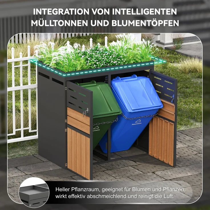 LVHOM Mülltonnenbox 2er mit Pflanzkasten, 2x240 L, Abschließbare Mülltonnenverkleidung aus Stahl für Garten, Anthrazit – Bild 5