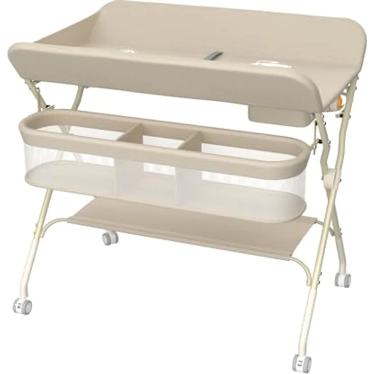 Wickeltisch, zusammenklappbar, mit Aufbewahrungskorb, Struktur aus Eisen, max. Belastung 25 kg, für Neugeborene, ergonomisches Design, Wickeltisch, 75 x 68 x 83–91 cm (A) Cremeweiß – Bild 6