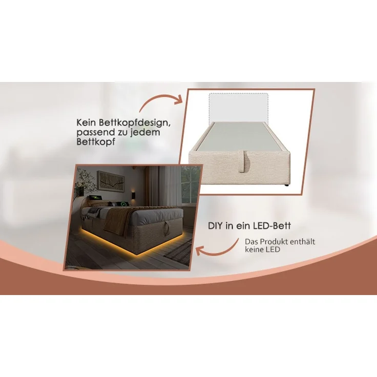 BlingBin Einzelbett Polsterbett (1-tlg, Struraumbett Bettgestell mit USB- C und Vollflächiger Lattenrost), 160×200 cm, Ohne Kopfteil, Leinen – Bild 3
