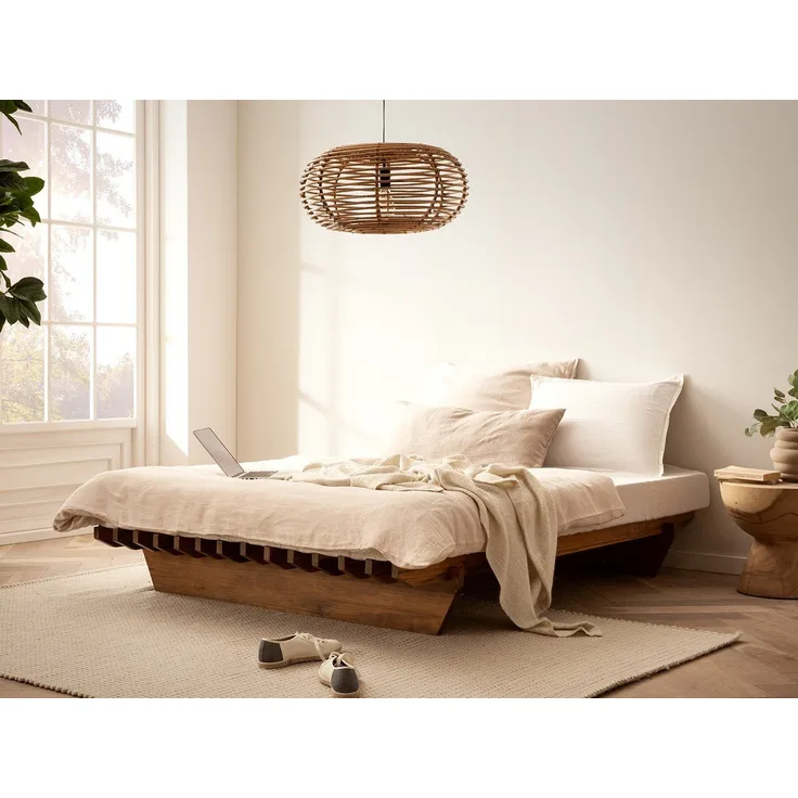 Holzbett 140x200 cm aus massiver Pinie – minimalistisches Bodenbett ohne Kopfteil, niedriges Bettgestell mit Stecksystem im Japanstil
