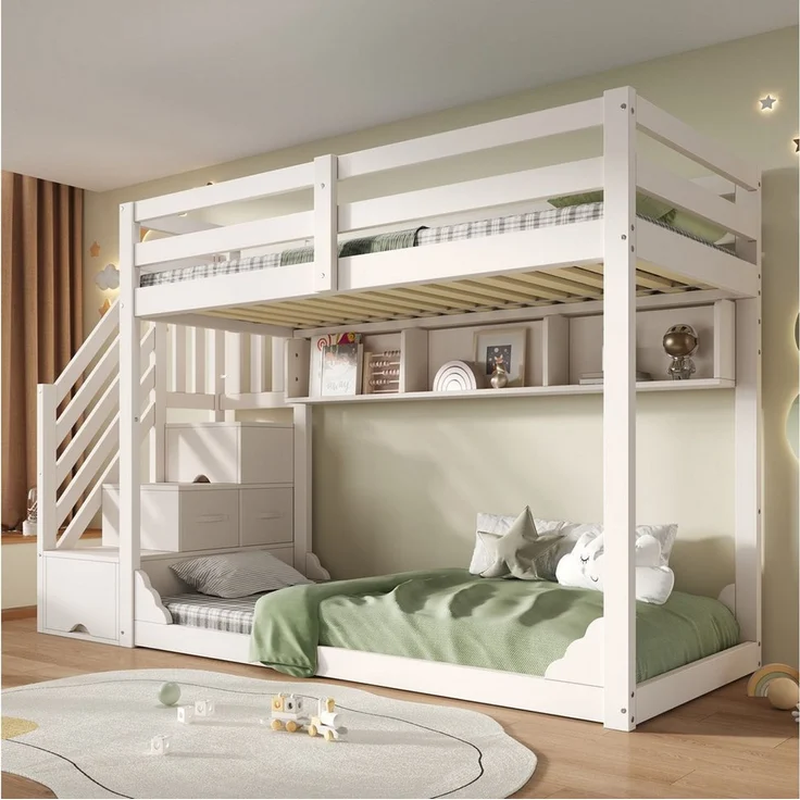 OKWISH Hochbett Bett 90x200 cm mit Treppenschrank und Stauraum, weiß (Etagenbett, 1-St, für Geschwister mit Sicherheitsgeländer und Ablagefächern) platzsparendes Holz Kinderbett (ohne Matratze) – Bild 3