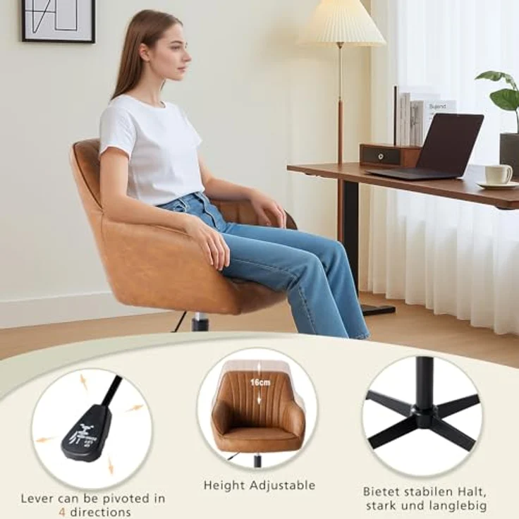 DUMOS Schreibtischstuhl Ohne Rollen, Bürostuhl Vintage PU Stoff, Höhenverstellbar Schminktisch Stuhl, Drehstuhl Kinder, Bis 135 kg Belastbar Desk Chair, für Arbeitszimmer, Schlafzimmer, Braun – Bild 6