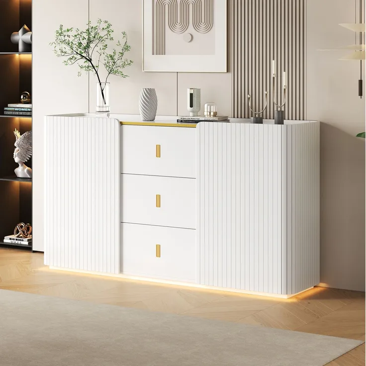 DESVIAE Sideboard Weiß aus Spanplatte – 150x80x35 cm – 3 Schubladen, LED-Beleuchtung