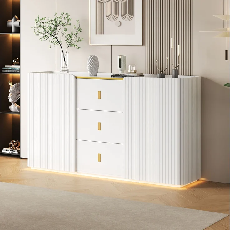 DESVIAE Sideboard Weiß aus Spanplatte – 150x80x35 cm – 3 Schubladen, LED-Beleuchtung – Bild 1