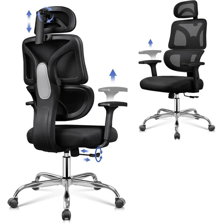 DEVAISE Bürostuhl Ergonomisch mit Verstellbare Lendenstütze, Hoher Rückenlehne, (Verstellbarer 3D-Kopfstütze, 5D-Armlehnen, Wippfunktion), Schreibtischstuhl für Büro und Homeoffice, Bis 180kg