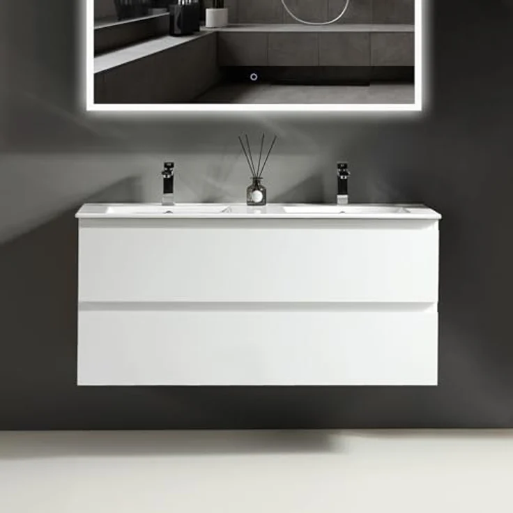 Alpenberger Badezimmer-Set Badezimmer Möbel Badschrank, (Badezimmer Spiegel mit Led, Keramik Waschbecken mit Überlauf), Doppelwaschtisch 120 cm Breit - Weiß Glänzend – Bild 4