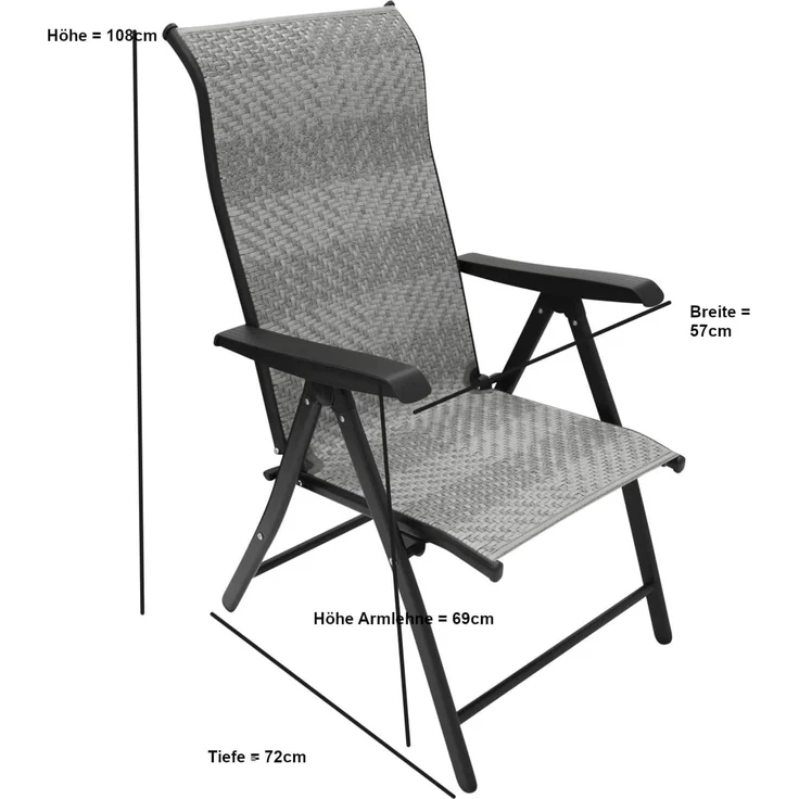DEGAMO ANTIBES Garten-Klappsessel Hochlehner, Metall + Polyrattan, schwarz/grau, 57cm 2-er Set – Bild 2