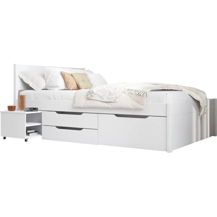 Inter Link -Bett mit Schubladen - Einzelbett 90x200 cm – Kojenbett mit Stauraum – Praktisches Jungendbett – Kiefer massivholz – Weiß lackiert – Inkl Lattenrost – Efetivo 90x200 cm
