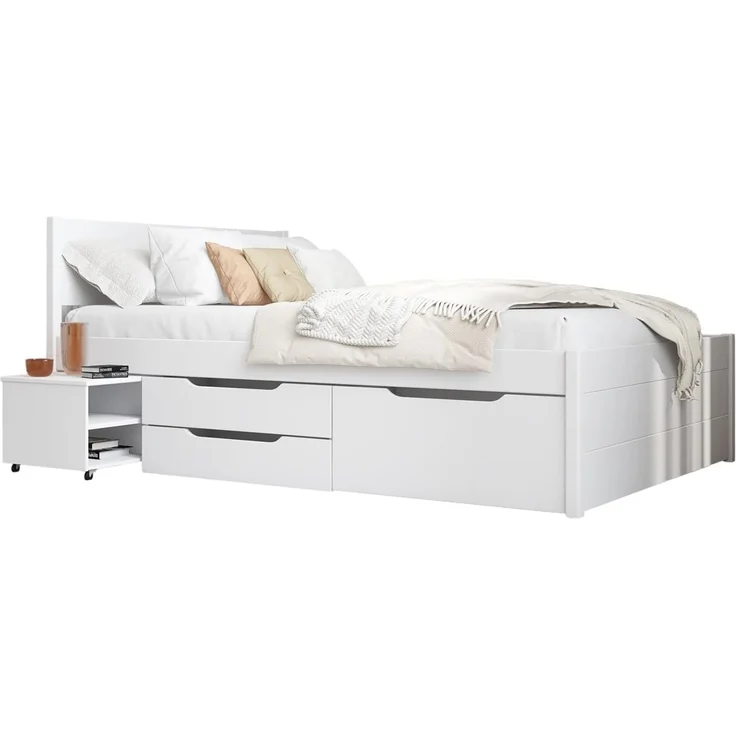 Inter Link -Bett mit Schubladen - Einzelbett 90x200 cm – Kojenbett mit Stauraum – Praktisches Jungendbett – Kiefer massivholz – Weiß lackiert – Inkl Lattenrost – Efetivo 90x200 cm