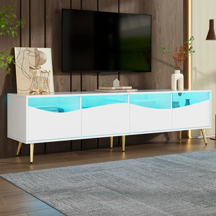 TV-Schrank mit LED, Lowboard 180 cm, Fernsehtisch weiß, Glasfront, Stauraum, Kabeldurchführung, Wohnzimmer – Bild 1