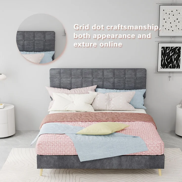 Novelux Polsterbett 140x200 cm mit gestepptem Kopfteil - Doppelbett Stoffbett Dunkelgrau, Massivholzrahmen & Holzfüße, Modernes Bettgestell für Schlafzimmer – Bild 5