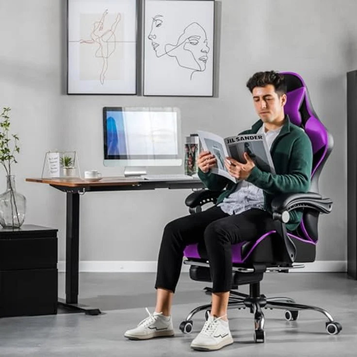 GTPLAYER Gaming Stuhl, Bürostuhl, Ergonomischer Pc Stuhl, Gaming Sessel mit Massagelendenwirbelstütze, Task Stühle mit Fußstütze und Kopfstütze, Lila Kunstleder – Bild 9