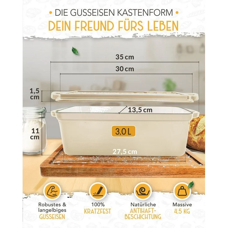 Krustenzauber Brotbackform Emaille Brotbackform 28cm mit Deckel im Komplettset, Kastenform Brot – Bild 3