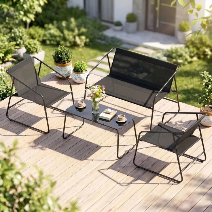 TLGREEN Gartenlounge-Set Gartenmöbel Set 4 Teilig, (Klapptisch und Stühle Set für 4 Personen, Textilene Balkonmöbel mit 2er Sofa, 2 Stühlen & Glastisch), Wetterfeste Outdoor Sitzgruppe für Terrasse Garten