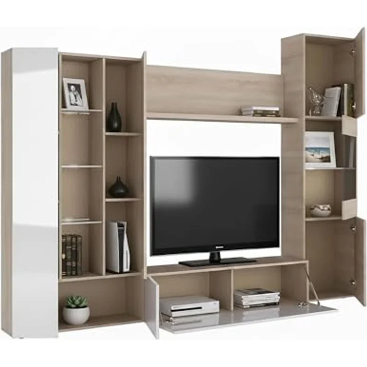 Dmora - Wohnzimmermöbel Raleigh, modulares TV-Ständer-Wohnzimmerelement, Wohnzimmerkomposition mit Wandelementen und Vitrinen und LED-Licht, 260 x 42 x 185 cm, Eiche und Weiß – Bild 3