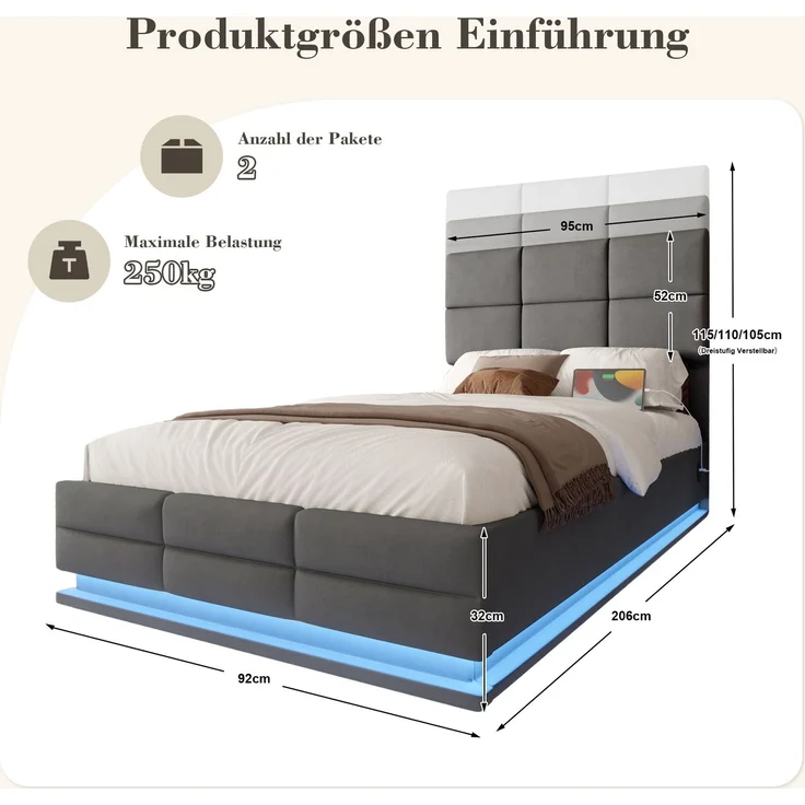 TavilaEcon Boxspringbett Modernes Polsterbett mit höhenverstellbarem Kopfteil & LED-Beleuchtung grau Liegefläche 90 × 200 cm – Bild 2
