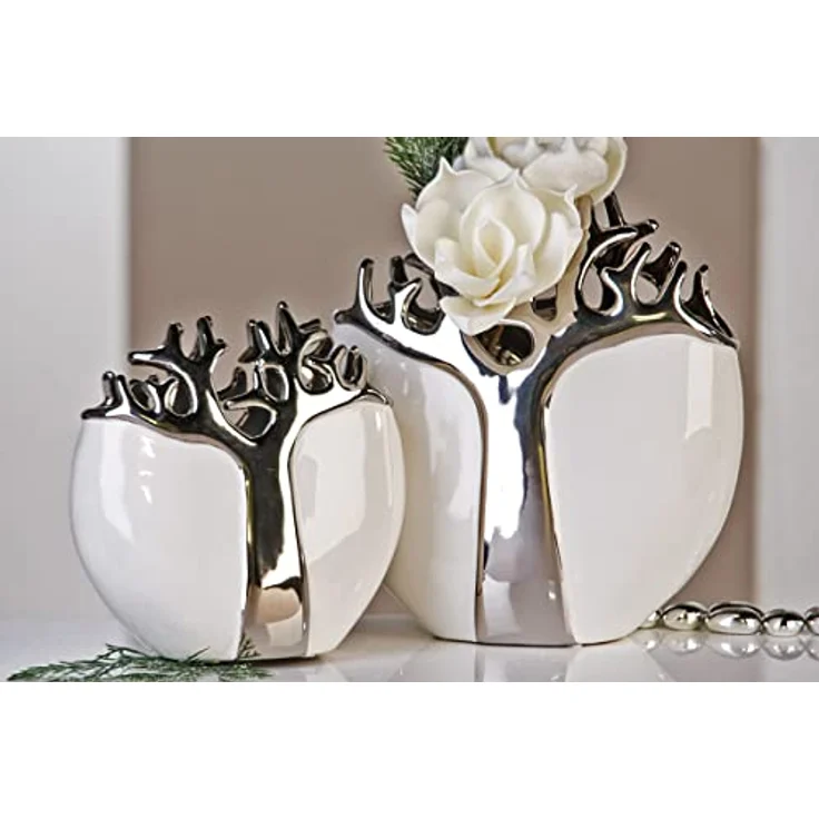 GILDE Vase Tree, Keramik in weiß mit silbernem Baumdesign, Dekovase, 21 cm Höhe, wasserdicht – Bild 2