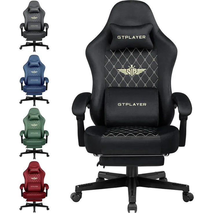 GTPLAYER Gaming Stuhl Stoff Gaming Chair Ergonomisch Bürostuh PC Stuhl, 150kg Belastbarkeit, Verstellbarer und Drehbarer Schreibtischstuh mit Federsitzkissen und Fußstütze, Schwarz