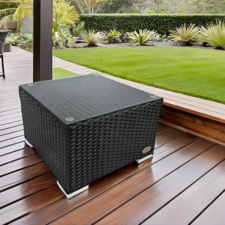 RS Trade® 'Toscana' Polyrattan Beistelltisch mit verstärktem Alu-Gerüst und Temperglas Tischplatte, mit Spannbändern und höhenverstellbaren Standfüßen, schwarz – Bild 2