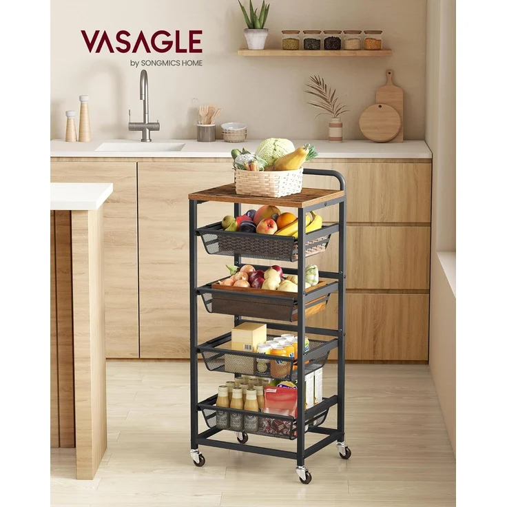 VASAGLE Servierwagen mit 5 Ebenen, Rollwagen mit herausziehbaren Körben, auf Rollen, 31,7 x 40 x 95 cm, vintagebraun-tintenschwarz – Bild 2