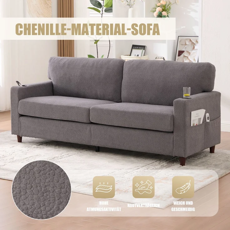 Zweisitzer-Sofa Chenille-Bezug, extraweiche Polsterung & hochverdichteter Schaumstoff, USB‑C, dimmbare LED‑Leiste,hellgrau – Bild 8