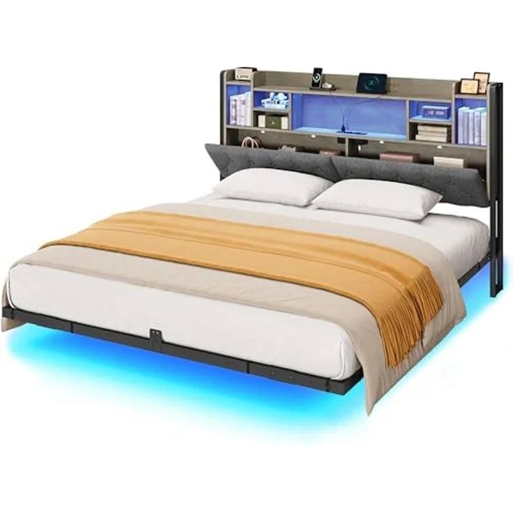 YITAHOME Bettgestell LED mit Kopfteil LED-Doppelbett 180x200CM mit schwebendem Design, Metallrahmen, Stoffbezug in Grau, inkl. USB-Ladestation und Beleuchtung, ohne Matratze – Bild 7