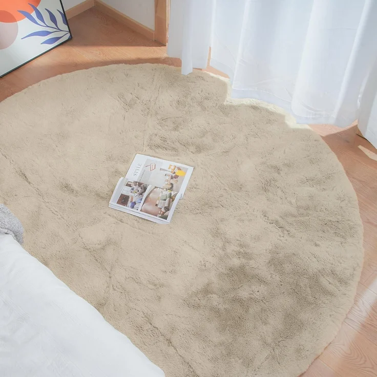 Teppich Kunstfell Bettvorleger Wohnzimmer 120 cm Rund Beige – Bild 2