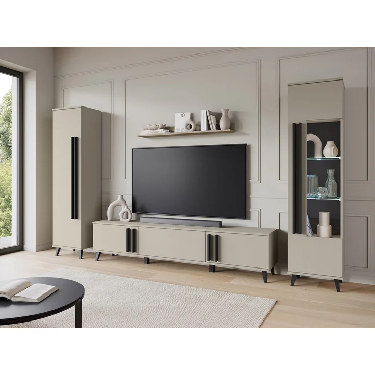 Wohnwand Hailea II (Farbe: Congo / Congo + Schwarzer Graphit, mit weißer LED Beleuchtung) – Bild 1