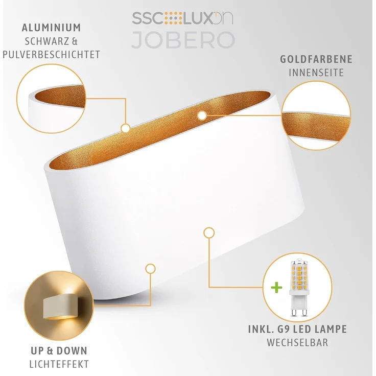 SSC-LUXon LED Wandleuchte JOBERO Wandlampe weiß gold Up & Down mit G9 LED warmweiß 3W, Warmweiß – Bild 3
